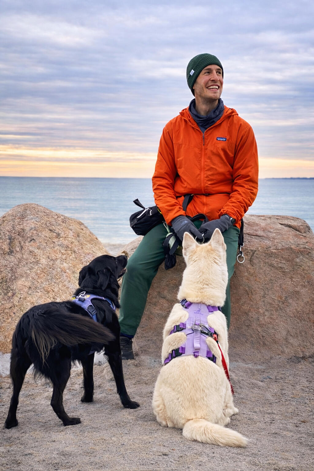 Tom Grylka with dogs at Rocky Neck State Park during a Tom’s Dogs pack hike in New London County Connecticut Tom Grylka sitting on coastal rocks with two dogs during a Tom’s Dogs pack hike along the shoreline in New London County Connecticut