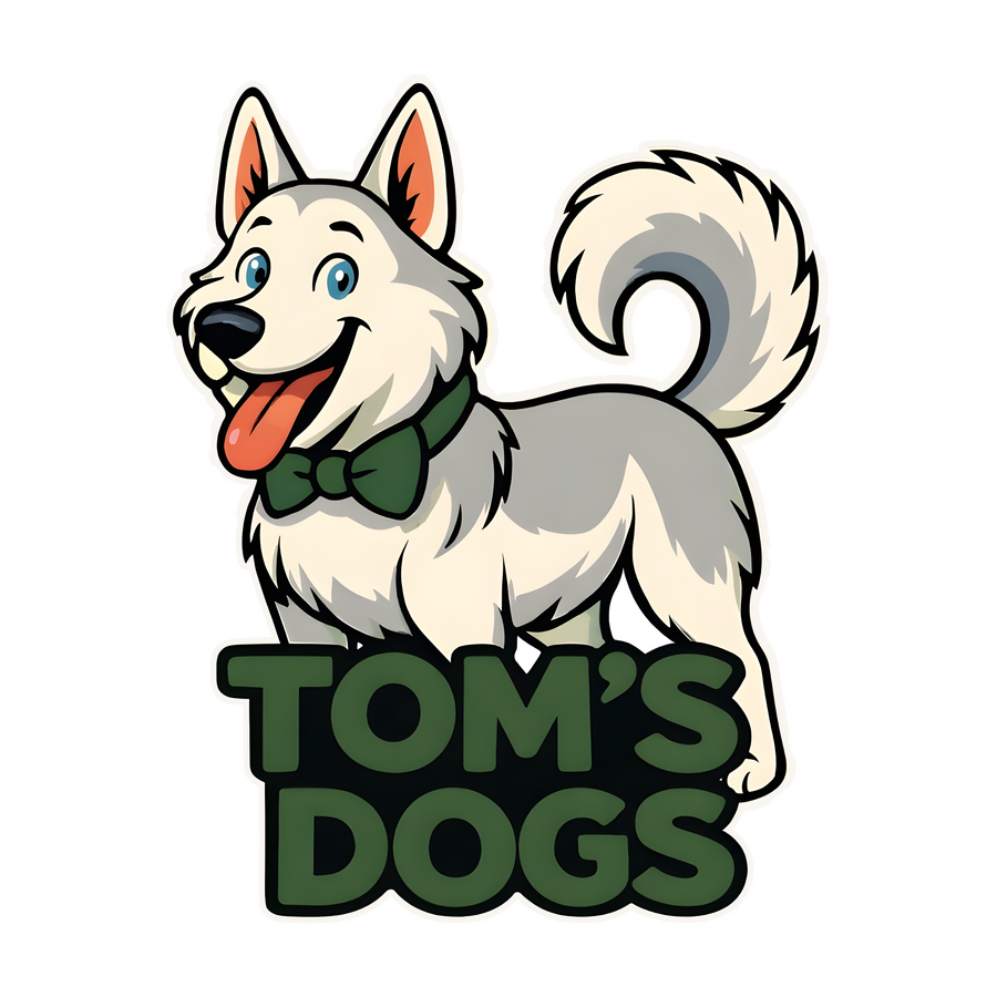 Tom’s Dogs LLC logo with a smiling white Siberian Husky wearing a green bowtie above green lettering.