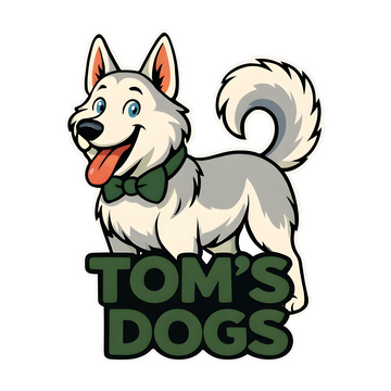 Tom’s Dogs LLC logo with a smiling white Siberian Husky wearing a green bowtie above green lettering.